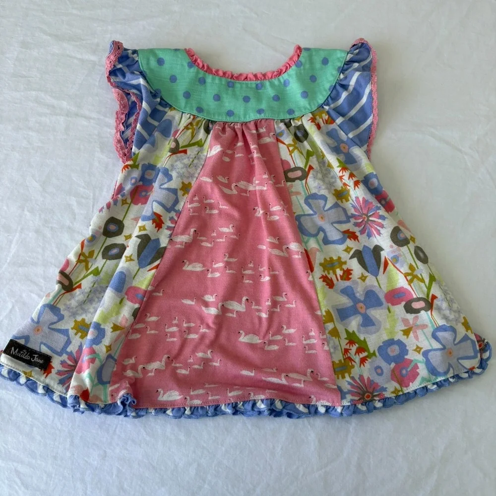 Matilda Jane Girls Multicolor Swan Print Floral Ruffle Tunic Top Size 4